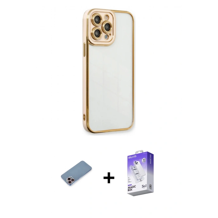 MARSİLYAN™- iPhone 13 Pro Max Kılıf Çekirdek Klasik Serisi - Siyah Bilvis 5in1 3D Magic Cam Ekran Koruyucu + Shine Kamera Lens Koruma Cam - PE