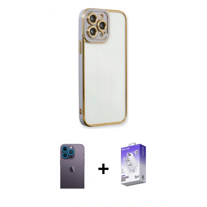 MARSİLYAN™- iPhone 13 Pro Max Kılıf Çekirdek Klasik Serisi - Siyah Bilvis 5in1 3D Magic Cam Ekran Koruyucu + Neon Fosforlu Kamera Lens - MI