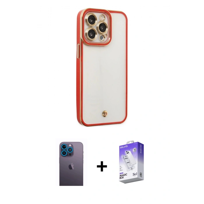 MARSİLYAN™- iPhone 13 Pro Max Kılıf Çekirdek Klasik Serisi - Siyah Bilvis 5in1 3D Magic Cam Ekran Koruyucu + Neon Fosforlu Kamera Lens - MI