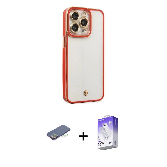 MARSİLYAN™- iPhone 13 Pro Max Kılıf Çekirdek Klasik Serisi - Siyah Bilvis 5in1 3D Magic Cam Ekran Koruyucu + Renkli Kamera Lens Koruma Cam - YL