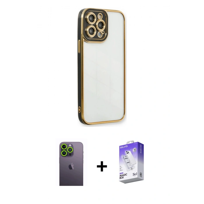 MARSİLYAN™- iPhone 13 Pro Max Kılıf Çekirdek Klasik Serisi - Siyah Bilvis 5in1 3D Magic Cam Ekran Koruyucu + Neon Fosforlu Kamera Lens - YL