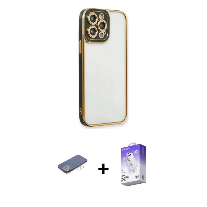 MARSİLYAN™- iPhone 13 Pro Max Kılıf Çekirdek Klasik Serisi - Siyah Bilvis 5in1 3D Magic Cam Ekran Koruyucu + Renkli Kamera Lens Koruma Cam - YL