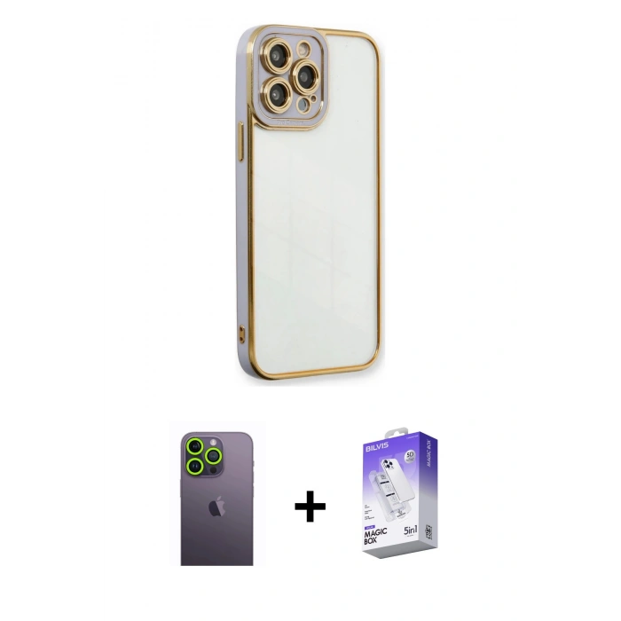 MARSİLYAN™- iPhone 13 Pro Max Kılıf Çekirdek Klasik Serisi - Siyah Bilvis 5in1 3D Magic Cam Ekran Koruyucu + Neon Fosforlu Kamera Lens - YL