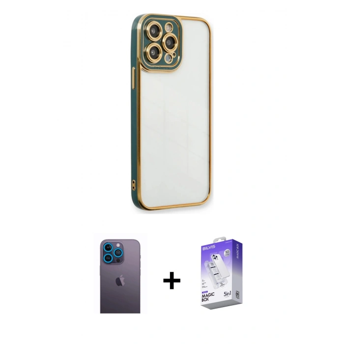 MARSİLYAN™- iPhone 13 Pro Max Kılıf Çekirdek Klasik Serisi - Siyah Bilvis 5in1 3D Magic Cam Ekran Koruyucu + Neon Fosforlu Kamera Lens - MI