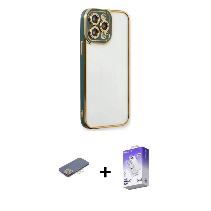 MARSİLYAN™- iPhone 13 Pro Max Kılıf Çekirdek Klasik Serisi - Siyah Bilvis 5in1 3D Magic Cam Ekran Koruyucu + Renkli Kamera Lens Koruma Cam - SI