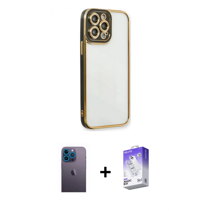 MARSİLYAN™- iPhone 13 Pro Max Kılıf Çekirdek Klasik Serisi - Siyah Bilvis 5in1 3D Magic Cam Ekran Koruyucu + Neon Fosforlu Kamera Lens - MI