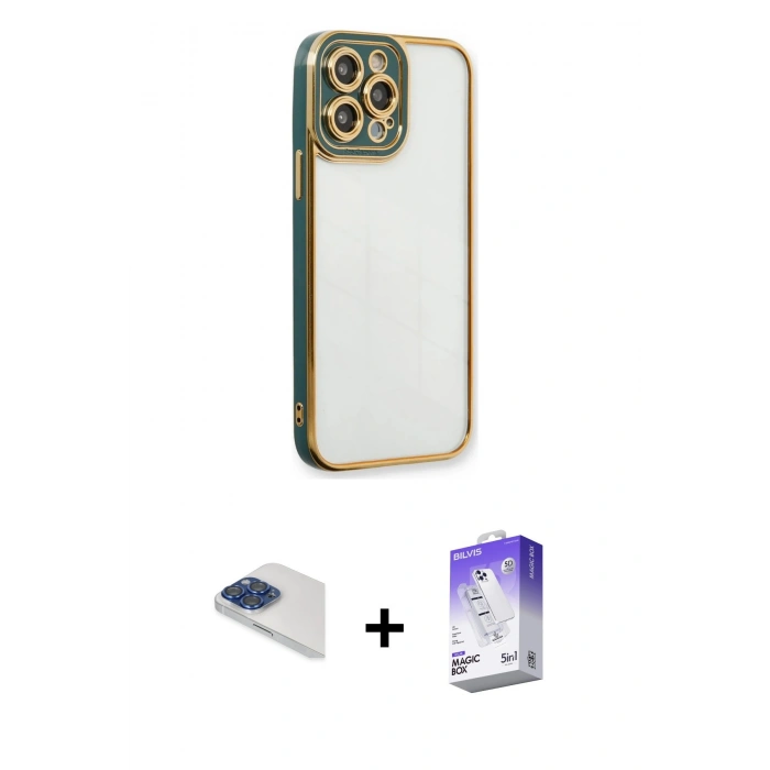 MARSİLYAN™- iPhone 13 Pro Max Kılıf Çekirdek Klasik Serisi - Siyah Bilvis 5in1 3D Magic Cam Ekran Koruyucu + Pers Alüminyum Kamera Lens - LT