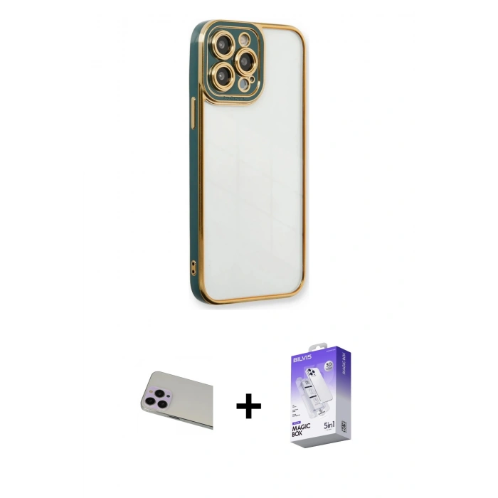 MARSİLYAN™- iPhone 13 Pro Max Kılıf Çekirdek Klasik Serisi - Siyah Bilvis 5in1 3D Magic Cam Ekran Koruyucu + Rainbow Kamera Lens Koruma Cam - MR