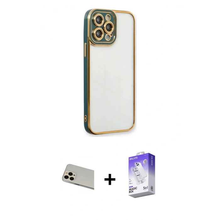 MARSİLYAN™- iPhone 13 Pro Max Kılıf Çekirdek Klasik Serisi - Siyah Bilvis 5in1 3D Magic Cam Ekran Koruyucu + Rainbow Kamera Lens Koruma Cam - REGD