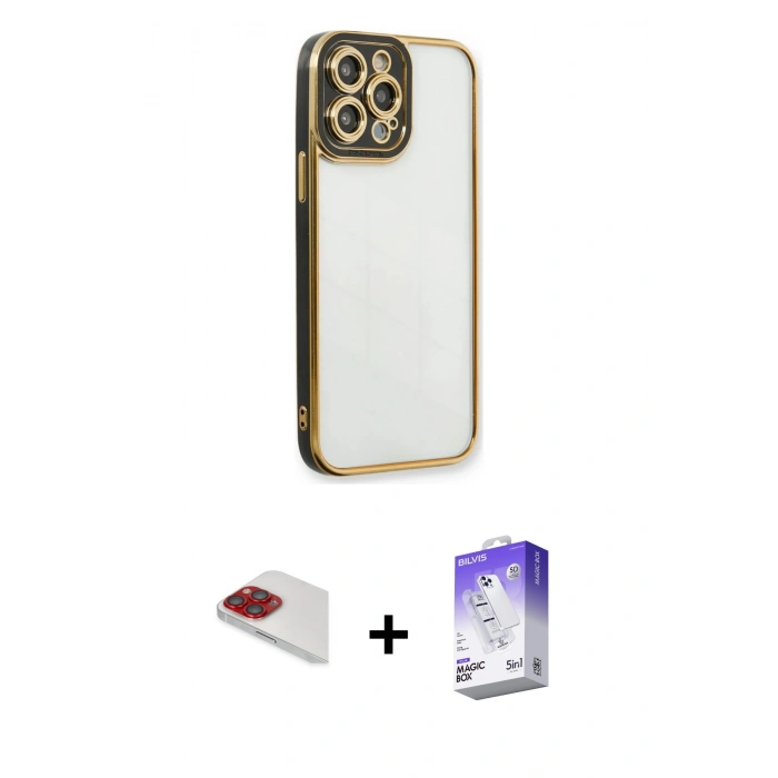 MARSİLYAN™- iPhone 13 Pro Max Kılıf Çekirdek Klasik Serisi - Siyah Bilvis 5in1 3D Magic Cam Ekran Koruyucu + Pers Alüminyum Kamera Lens - KI