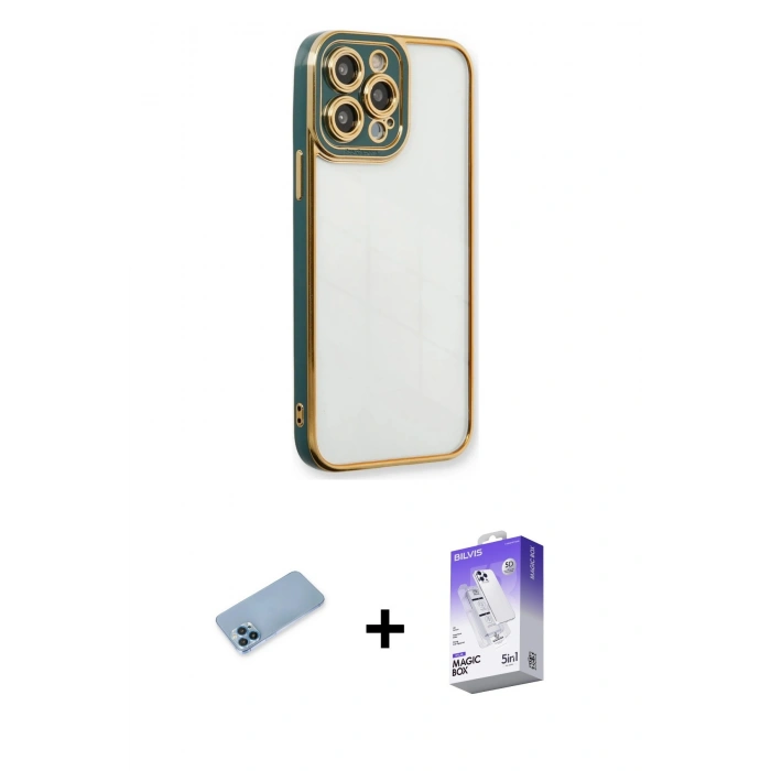 MARSİLYAN™- iPhone 13 Pro Max Kılıf Çekirdek Klasik Serisi - Siyah Bilvis 5in1 3D Magic Cam Ekran Koruyucu + Shine Kamera Lens Koruma Cam - MI