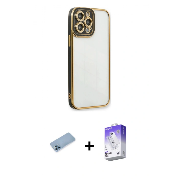 MARSİLYAN™- iPhone 13 Pro Max Kılıf Çekirdek Klasik Serisi - Siyah Bilvis 5in1 3D Magic Cam Ekran Koruyucu + Shine Kamera Lens Koruma Cam - MI