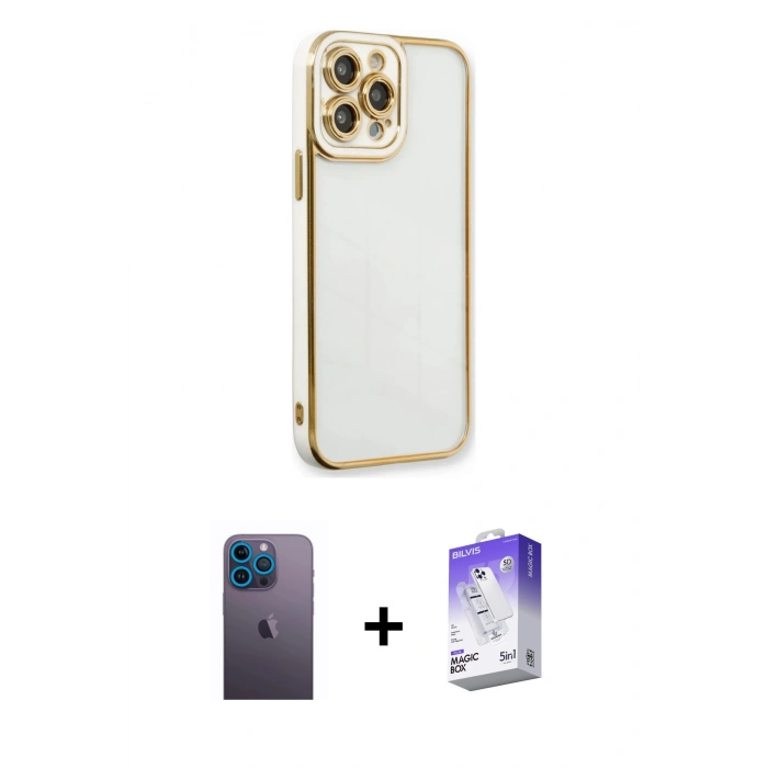 MARSİLYAN™- iPhone 13 Pro Max Kılıf Çekirdek Klasik Serisi - Siyah Bilvis 5in1 3D Magic Cam Ekran Koruyucu + Neon Fosforlu Kamera Lens - MI