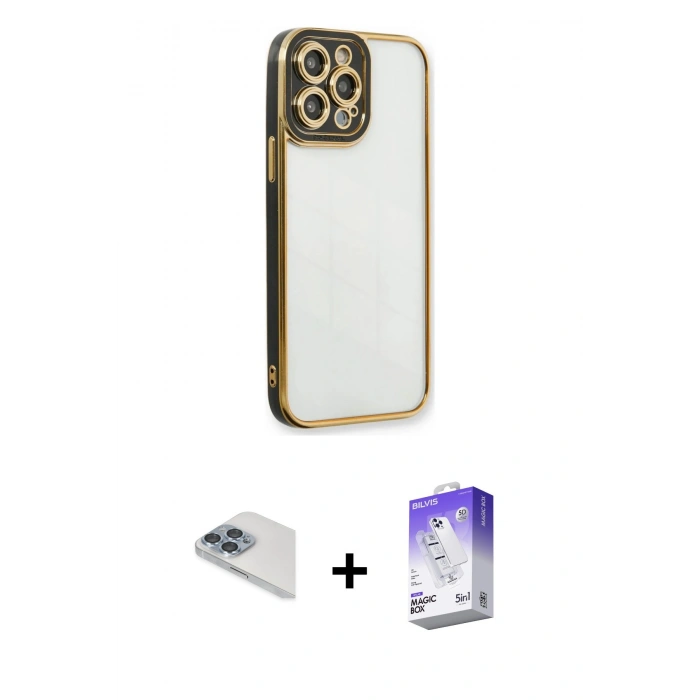 MARSİLYAN™- iPhone 13 Pro Max Kılıf Çekirdek Klasik Serisi - Siyah Bilvis 5in1 3D Magic Cam Ekran Koruyucu + Pers Alüminyum Kamera Lens - SABE