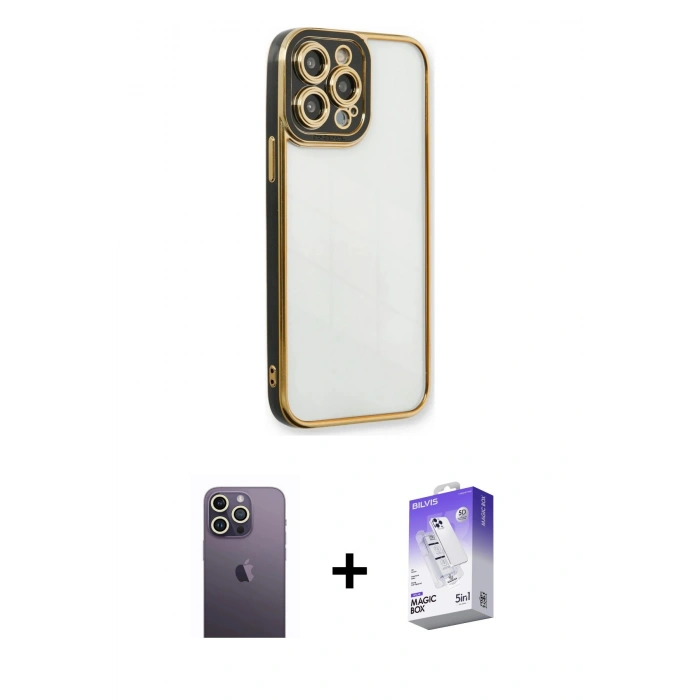 MARSİLYAN™- iPhone 13 Pro Max Kılıf Çekirdek Klasik Serisi - Siyah Bilvis 5in1 3D Magic Cam Ekran Koruyucu + Neon Fosforlu Kamera Lens - BZ