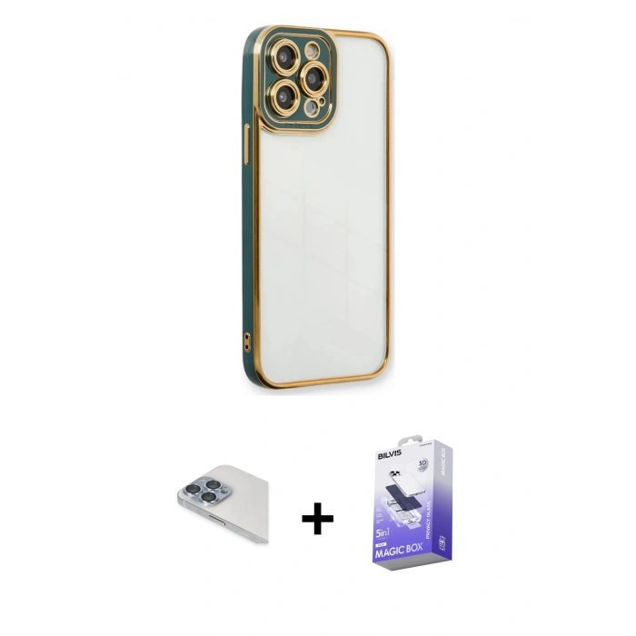 MARSİLYAN™- iPhone 13 Pro Max Kılıf Çekirdek Klasik Serisi - Siyah Bilvis 5in1 5D Magic Hayalet Cam Ekran Koruyucu + Pers Alüminyum Kamera Lens - SABE