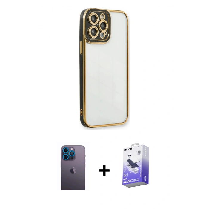 MARSİLYAN™- iPhone 13 Pro Max Kılıf Çekirdek Klasik Serisi - Siyah Bilvis 5in1 5D Magic Hayalet Cam Ekran Koruyucu + Neon Fosforlu Kamera Lens - MI