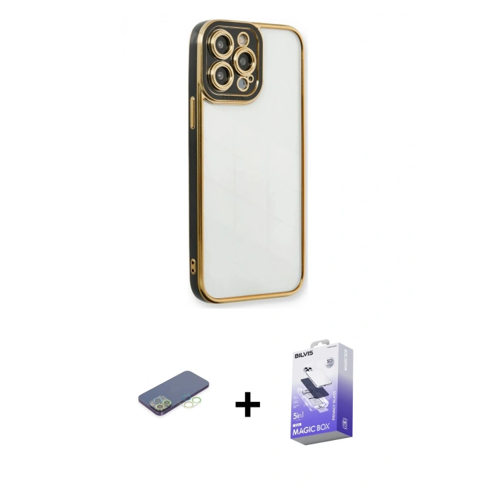 MARSİLYAN™- iPhone 13 Pro Max Kılıf Çekirdek Klasik Serisi - Siyah Bilvis 5in1 5D Magic Hayalet Cam Ekran Koruyucu + Renkli Kamera Lens Koruma Cam - YL