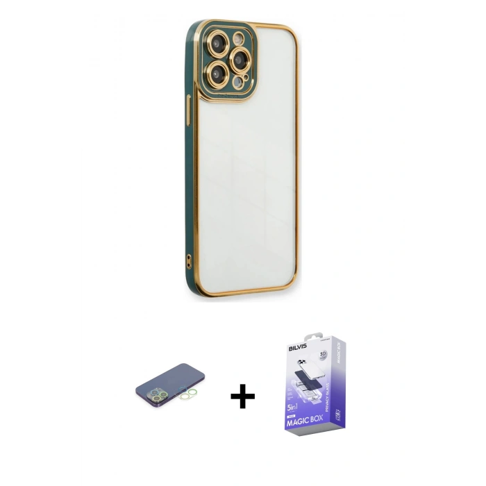 MARSİLYAN™- iPhone 13 Pro Max Kılıf Çekirdek Klasik Serisi - Siyah Bilvis 5in1 5D Magic Hayalet Cam Ekran Koruyucu + Renkli Kamera Lens Koruma Cam - YL