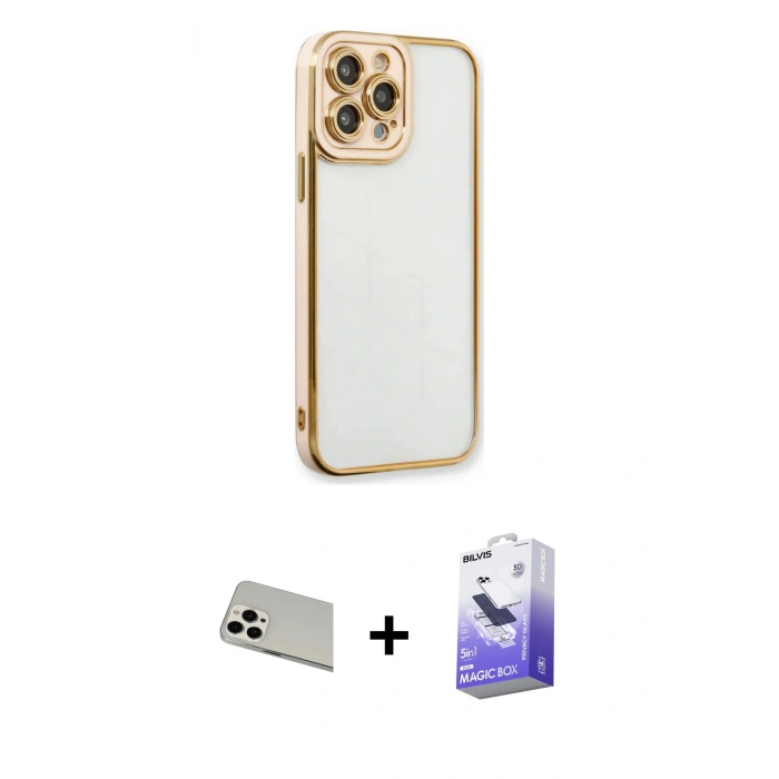 MARSİLYAN™- iPhone 13 Pro Max Kılıf Çekirdek Klasik Serisi - Siyah Bilvis 5in1 5D Magic Hayalet Cam Ekran Koruyucu + Rainbow Kamera Lens Koruma Cam - BZ