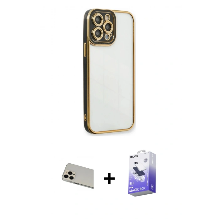 MARSİLYAN™- iPhone 13 Pro Max Kılıf Çekirdek Klasik Serisi - Siyah Bilvis 5in1 5D Magic Hayalet Cam Ekran Koruyucu + Rainbow Kamera Lens Koruma Cam - REGD