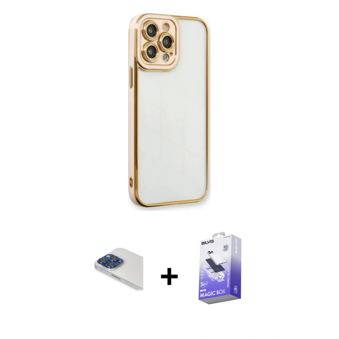 MARSİLYAN™- iPhone 13 Pro Max Kılıf Çekirdek Klasik Serisi - Siyah Bilvis 5in1 5D Magic Hayalet Cam Ekran Koruyucu + Lacivert Pers Alüminyum Kamera Lens