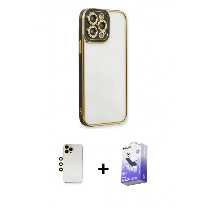 MARSİLYAN™- iPhone 13 Pro Max Kılıf Çekirdek Klasik Serisi - Siyah Bilvis 5in1 5D Magic Hayalet Cam Ekran Koruyucu + Shine Kamera Lens - GD