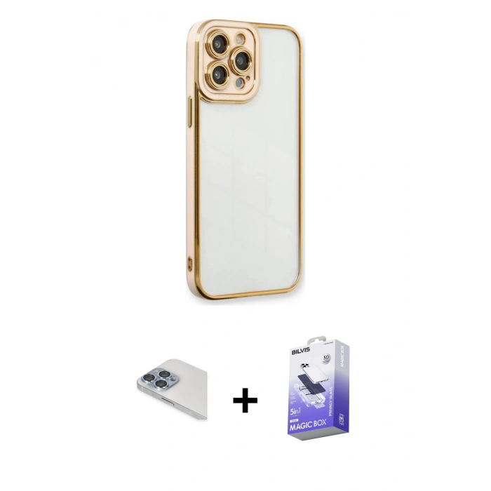 MARSİLYAN™- iPhone 13 Pro Max Kılıf Çekirdek Klasik Serisi - Siyah Bilvis 5in1 5D Magic Hayalet Cam Ekran Koruyucu + Pers Alüminyum Kamera Lens - SABE