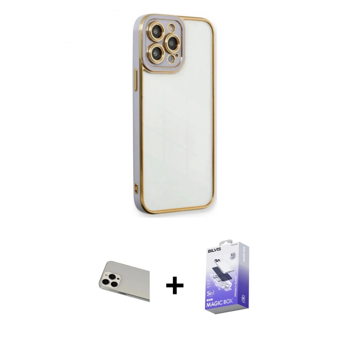MARSİLYAN™- iPhone 13 Pro Max Kılıf Çekirdek Klasik Serisi - Siyah Bilvis 5in1 5D Magic Hayalet Cam Ekran Koruyucu + Rainbow Kamera Lens Koruma Cam - BZ