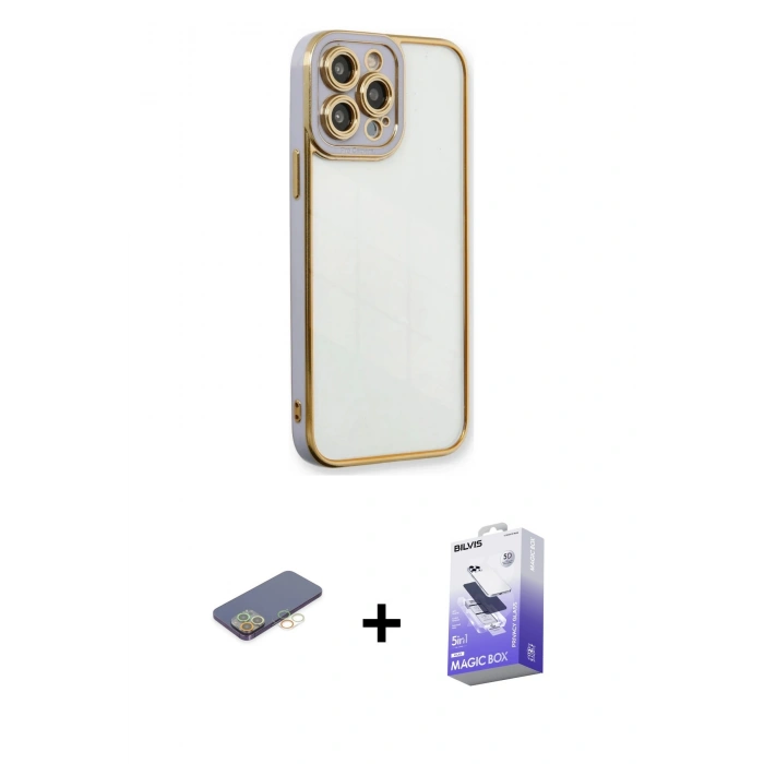 MARSİLYAN™- iPhone 13 Pro Max Kılıf Çekirdek Klasik Serisi - Siyah Bilvis 5in1 5D Magic Hayalet Cam Ekran Koruyucu + Renkli Kamera Lens Koruma Cam - SI