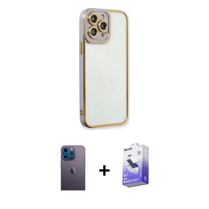 MARSİLYAN™- iPhone 13 Pro Max Kılıf Çekirdek Klasik Serisi - Siyah Bilvis 5in1 5D Magic Hayalet Cam Ekran Koruyucu + Neon Fosforlu Kamera Lens - MI