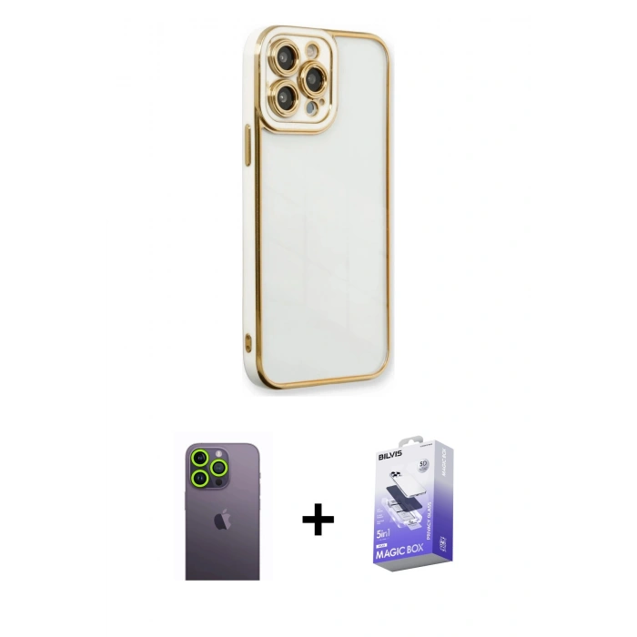 MARSİLYAN™- iPhone 13 Pro Max Kılıf Çekirdek Klasik Serisi - Siyah Bilvis 5in1 5D Magic Hayalet Cam Ekran Koruyucu + Neon Fosforlu Kamera Lens - YL