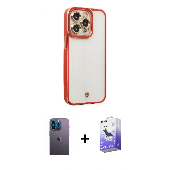 MARSİLYAN™- iPhone 13 Pro Max Kılıf Çekirdek Klasik Serisi - Siyah Bilvis 5in1 5D Magic Hayalet Cam Ekran Koruyucu + Neon Fosforlu Kamera Lens - MI