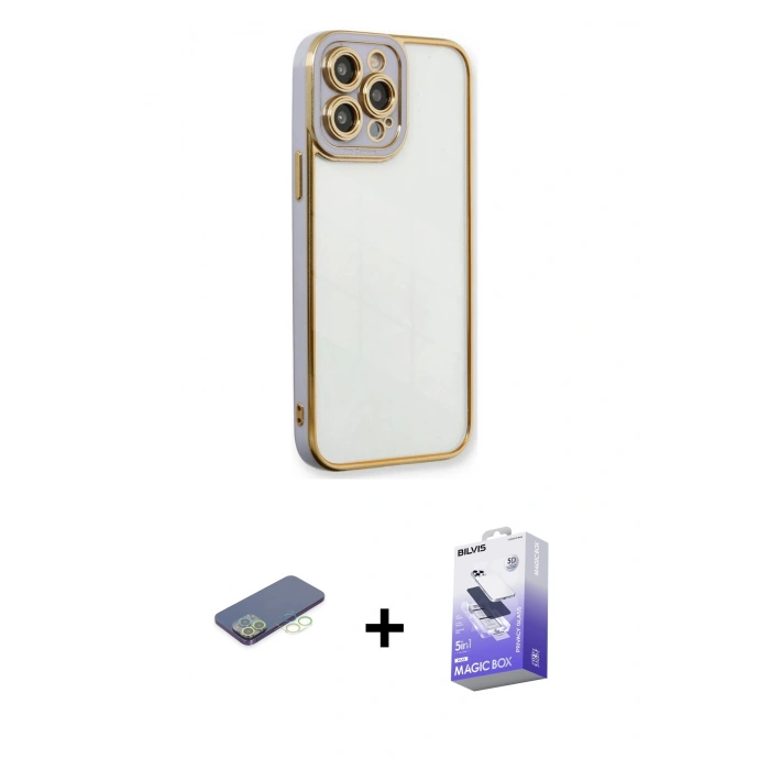 MARSİLYAN™- iPhone 13 Pro Max Kılıf Çekirdek Klasik Serisi - Siyah Bilvis 5in1 5D Magic Hayalet Cam Ekran Koruyucu + Renkli Kamera Lens Koruma Cam - YL