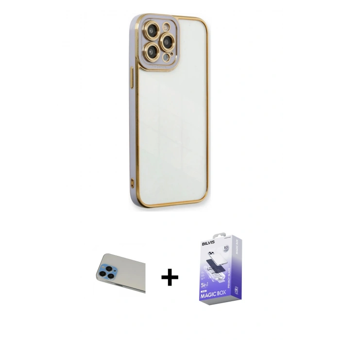 MARSİLYAN™- iPhone 13 Pro Max Kılıf Çekirdek Klasik Serisi - Siyah Bilvis 5in1 5D Magic Hayalet Cam Ekran Koruyucu + Rainbow Kamera Lens Koruma Cam - MI