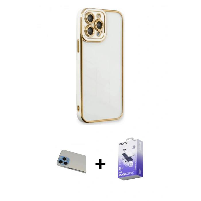 MARSİLYAN™- iPhone 13 Pro Max Kılıf Çekirdek Klasik Serisi - Siyah Bilvis 5in1 5D Magic Hayalet Cam Ekran Koruyucu + Rainbow Kamera Lens Koruma Cam - MI