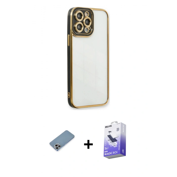 MARSİLYAN™- iPhone 13 Pro Max Kılıf Çekirdek Klasik Serisi - Siyah Bilvis 5in1 5D Magic Hayalet Cam Ekran Koruyucu + Gökkuşağı Shine Kamera Lens Koruma Cam