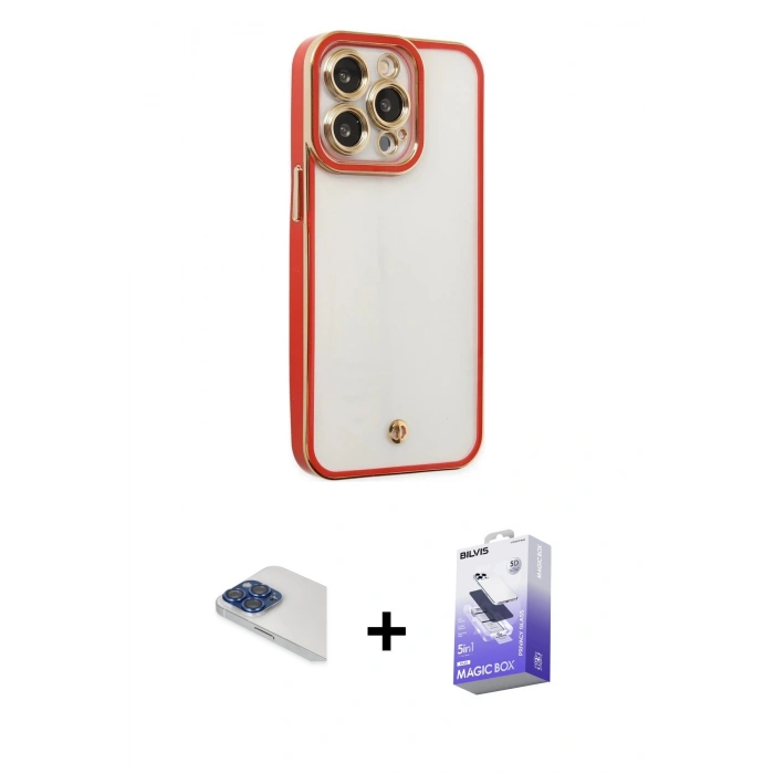 MARSİLYAN™- iPhone 13 Pro Max Kılıf Çekirdek Klasik Serisi - Siyah Bilvis 5in1 5D Magic Hayalet Cam Ekran Koruyucu + Lacivert Pers Alüminyum Kamera Lens