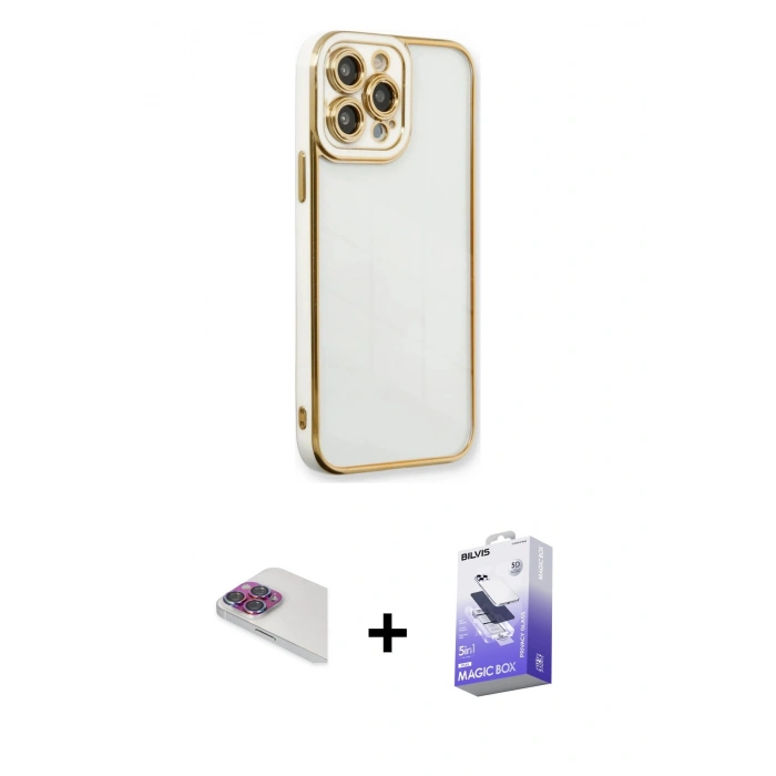MARSİLYAN™- iPhone 13 Pro Max Kılıf Çekirdek Klasik Serisi - Siyah Bilvis 5in1 5D Magic Hayalet Cam Ekran Koruyucu + Pers Alüminyum Kamera Lens - GI