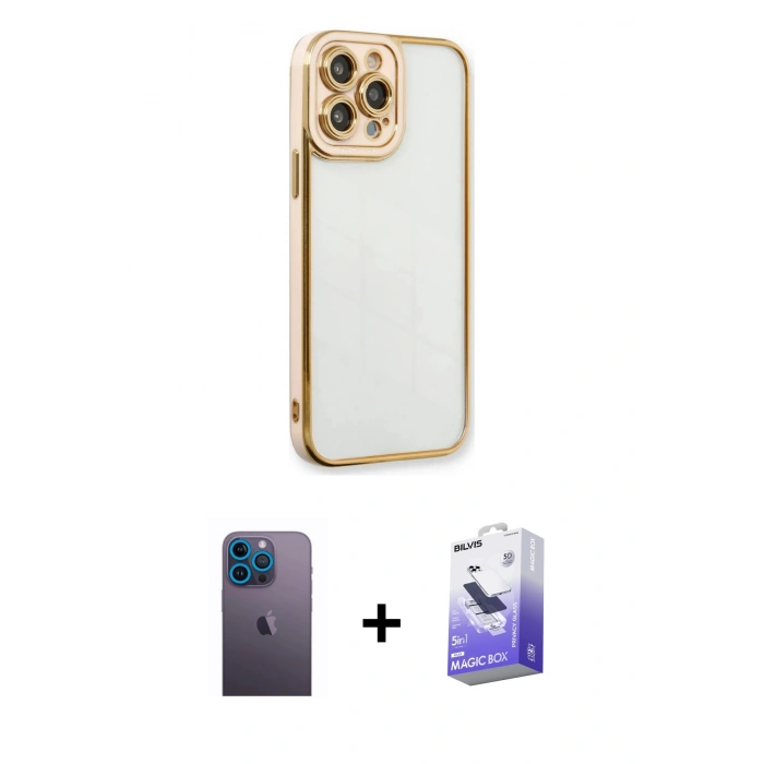MARSİLYAN™- iPhone 13 Pro Max Kılıf Çekirdek Klasik Serisi - Siyah Bilvis 5in1 5D Magic Hayalet Cam Ekran Koruyucu + Neon Fosforlu Kamera Lens - MI