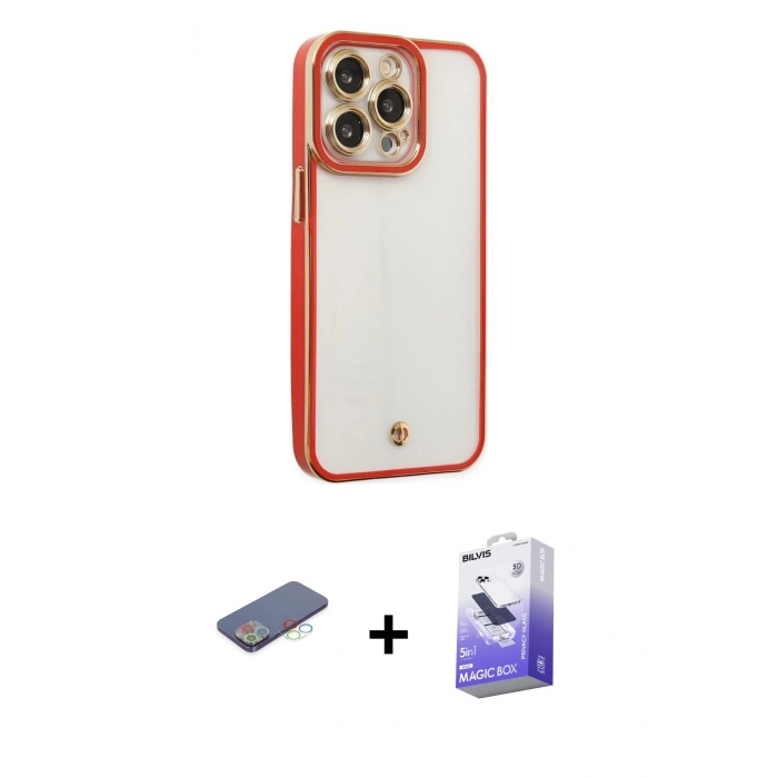 MARSİLYAN™- iPhone 13 Pro Max Kılıf Çekirdek Klasik Serisi - Siyah Bilvis 5in1 5D Magic Hayalet Cam Ekran Koruyucu + Renkli Kamera Lens Koruma Cam - MI
