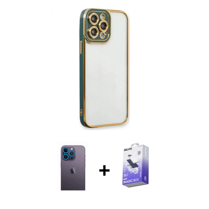 MARSİLYAN™- iPhone 13 Pro Max Kılıf Çekirdek Klasik Serisi - Siyah Bilvis 5in1 5D Magic Hayalet Cam Ekran Koruyucu + Neon Fosforlu Kamera Lens - MI