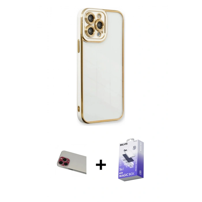 MARSİLYAN™- iPhone 13 Pro Max Kılıf Çekirdek Klasik Serisi - Siyah Bilvis 5in1 5D Magic Hayalet Cam Ekran Koruyucu + Rainbow Kamera Lens Koruma Cam - KI