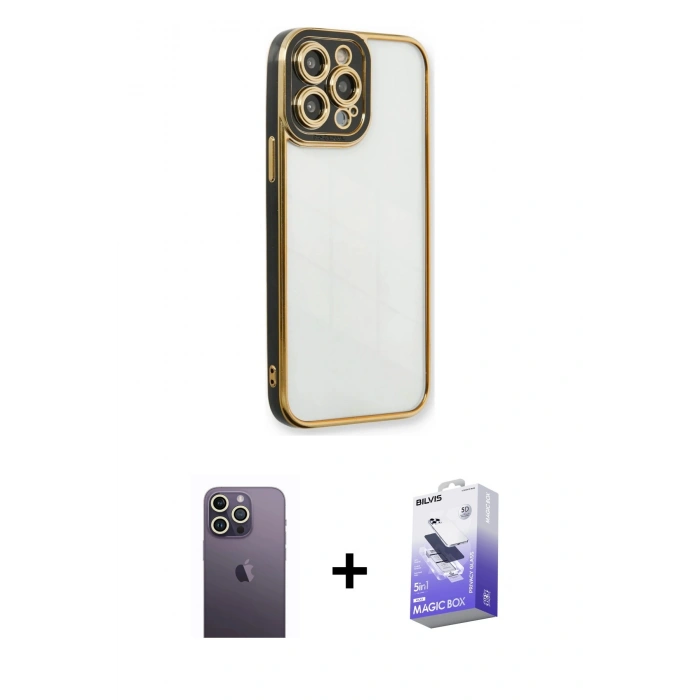MARSİLYAN™- iPhone 13 Pro Max Kılıf Çekirdek Klasik Serisi - Siyah Bilvis 5in1 5D Magic Hayalet Cam Ekran Koruyucu + Neon Fosforlu Kamera Lens - BZ