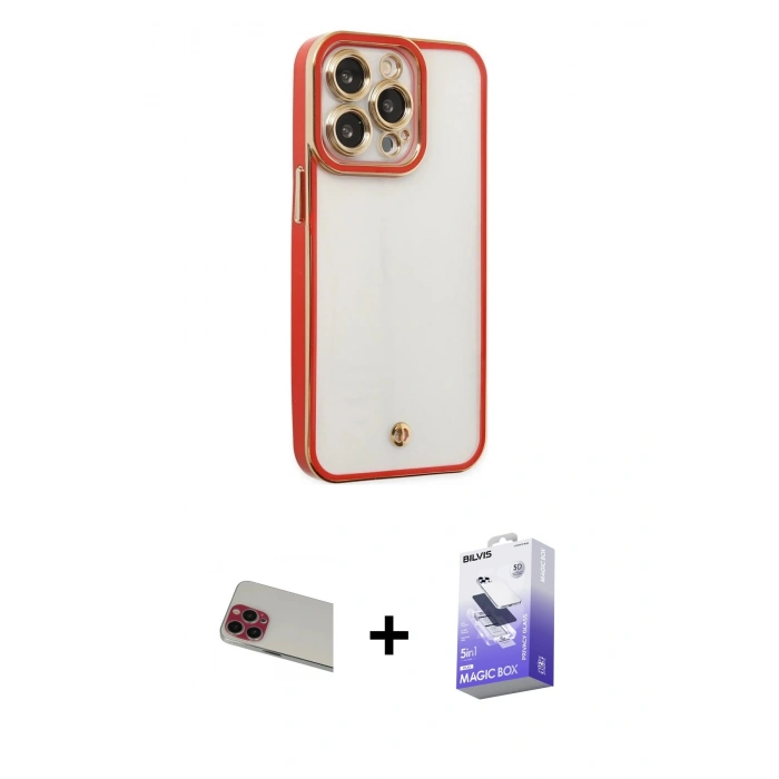 MARSİLYAN™- iPhone 13 Pro Max Kılıf Çekirdek Klasik Serisi - Siyah Bilvis 5in1 5D Magic Hayalet Cam Ekran Koruyucu + Rainbow Kamera Lens Koruma Cam - KI