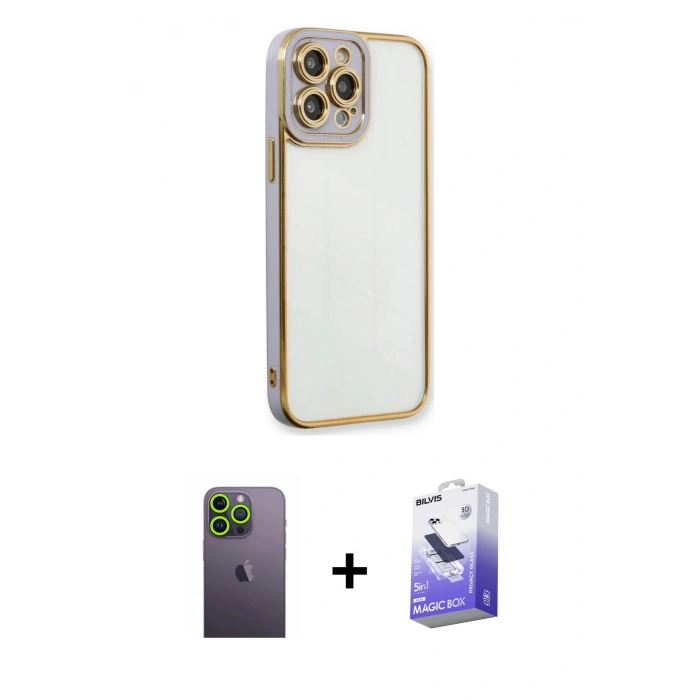 MARSİLYAN™- iPhone 13 Pro Max Kılıf Çekirdek Klasik Serisi - Siyah Bilvis 5in1 5D Magic Hayalet Cam Ekran Koruyucu + Neon Fosforlu Kamera Lens - YL