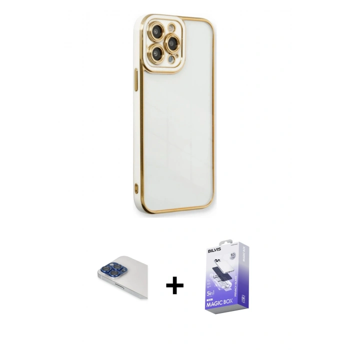 MARSİLYAN™- iPhone 13 Pro Max Kılıf Çekirdek Klasik Serisi - Siyah Bilvis 5in1 5D Magic Hayalet Cam Ekran Koruyucu + Lacivert Pers Alüminyum Kamera Lens