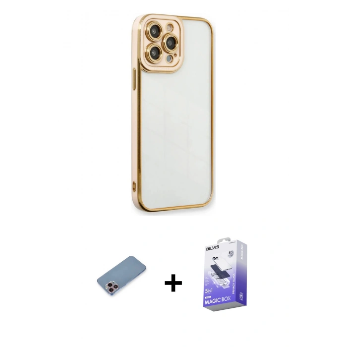 MARSİLYAN™- iPhone 13 Pro Max Kılıf Çekirdek Klasik Serisi - Siyah Bilvis 5in1 5D Magic Hayalet Cam Ekran Koruyucu + Shine Kamera Lens Koruma Cam - PE