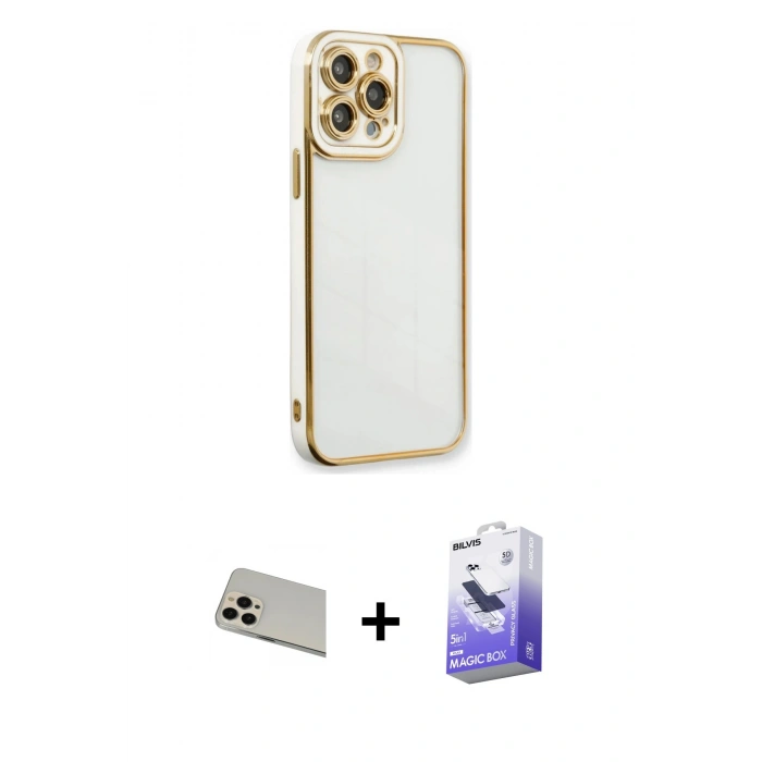 MARSİLYAN™- iPhone 13 Pro Max Kılıf Çekirdek Klasik Serisi - Siyah Bilvis 5in1 5D Magic Hayalet Cam Ekran Koruyucu + Rainbow Kamera Lens Koruma Cam - REGD