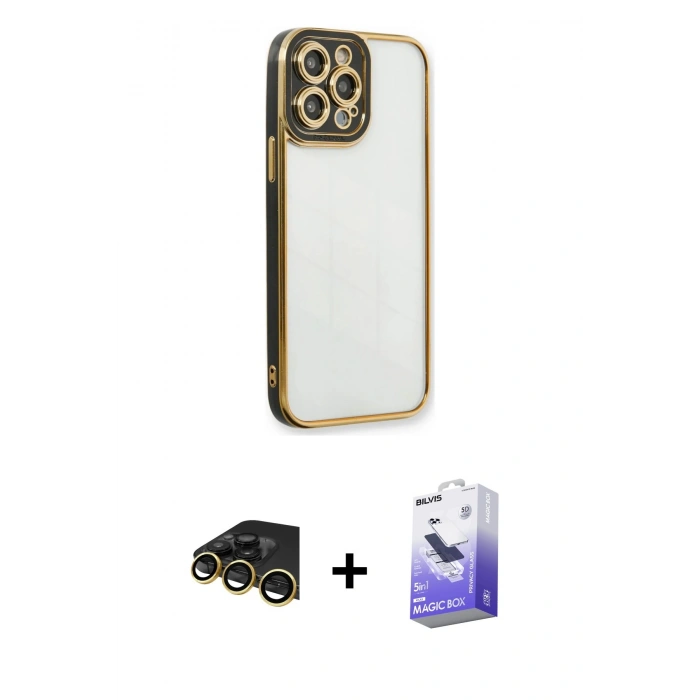MARSİLYAN™- iPhone 13 Pro Max Kılıf Çekirdek Klasik Serisi - Siyah Bilvis 5in1 5D Magic Hayalet Cam Ekran Koruyucu + Raze Metal Kamera Lens - GD